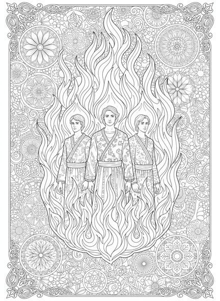 Trois jeunes hommes, page à colorier de la fournaise ardente pour le style de journalisation biblique pour adultes