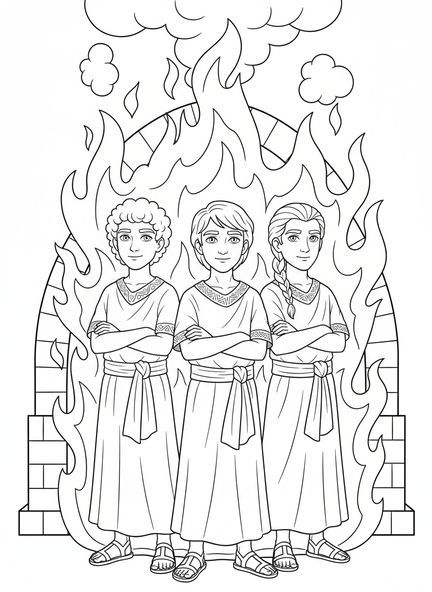 Trois jeunes hommes courageux, page à colorier de la fournaise ardente pour les enfants de 5 à 10 ans.