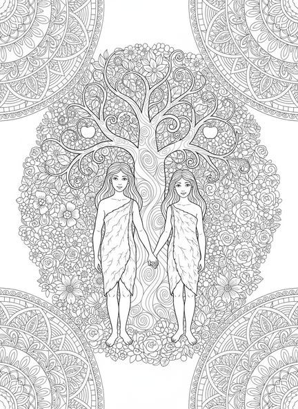 Página para colorear de Adán y Eva, estilo de journaling bíblico en el Jardín del Edén para adultos.