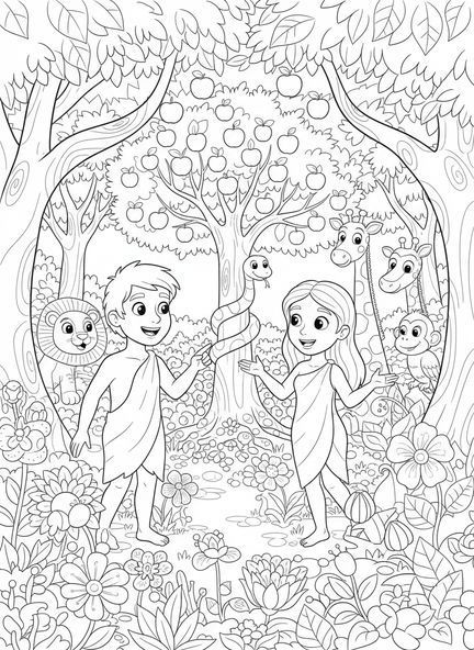 Adão e Eva explorando, página para colorir do Jardim do Éden para crianças de 5 a 10 anos