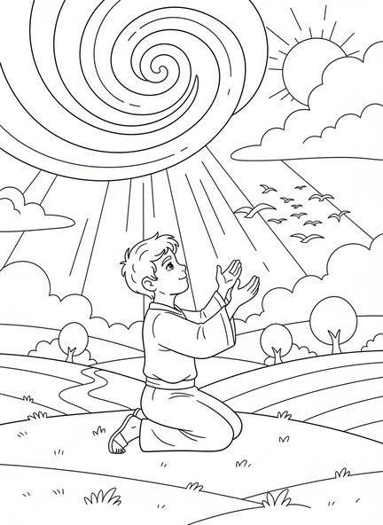 Gédéon en prière, page à colorier Gédéon et la toison sur le sol pour les enfants de 5 à 10 ans.