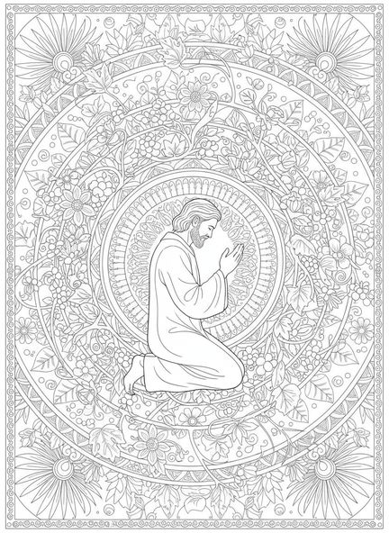 Gedeón en oración, página para colorear de Gedeón y el vellón para adultos en estilo de journaling bíblico.