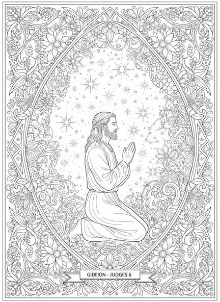 Gédéon en prière, page à colorier pour adultes dans le style du journal biblique.