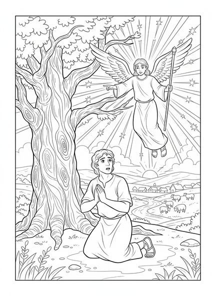 Gédéon recevant un message d'un ange, page à colorier de Gédéon pour les enfants de 5 à 10 ans.