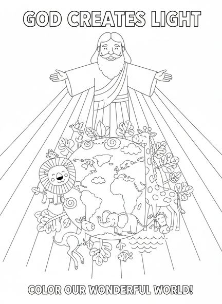 Gott schafft Licht, Gott ruht am siebten Tag Ausmalbild für Kinder im Alter von 5-10 Jahren.