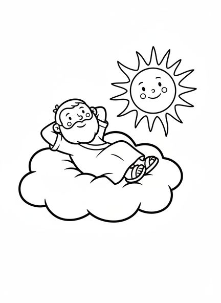 Lächelnder Gott auf einer Wolke, Gott ruht am siebten Tag Malvorlage für Vorschulkinder im Alter von 3-5 Jahren