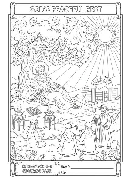 Gott ruht mit Bäumen, Ausmalbild von Gott, der am siebten Tag ruht, für Sonntagsschulkinder im Alter von 5-12 Jahren.