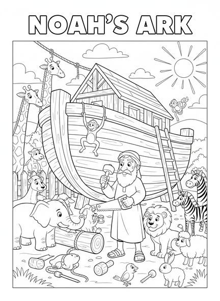 Noé construisant l'arche, page à colorier sur le Déluge pour les enfants de 5 à 10 ans
