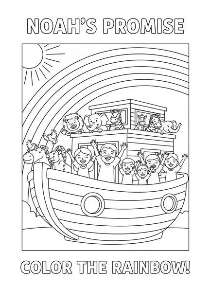 La famille de Noé célébrant avec un arc-en-ciel, page à colorier Le Grand Je Suis pour les enfants de 5 à 10 ans