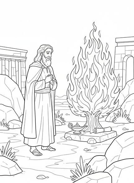 Moses vor dem brennenden Dornbusch, Großer Ich Bin Malvorlage für Sonntagsschulkinder im Alter von 5-12 Jahren.