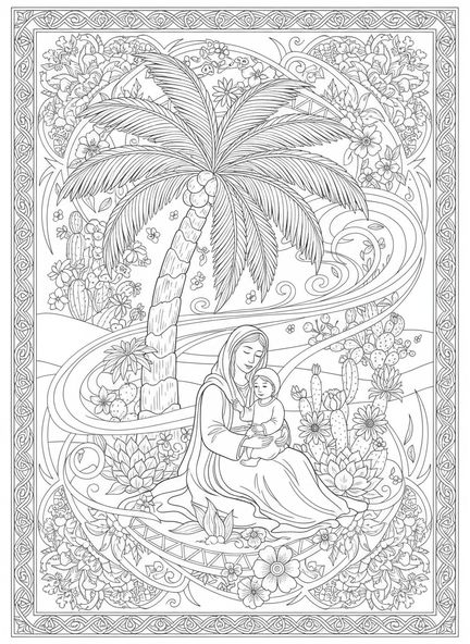 Hagar et Ismaël, page à colorier Hagar Ismaël pour adultes dans le style du journal biblique.