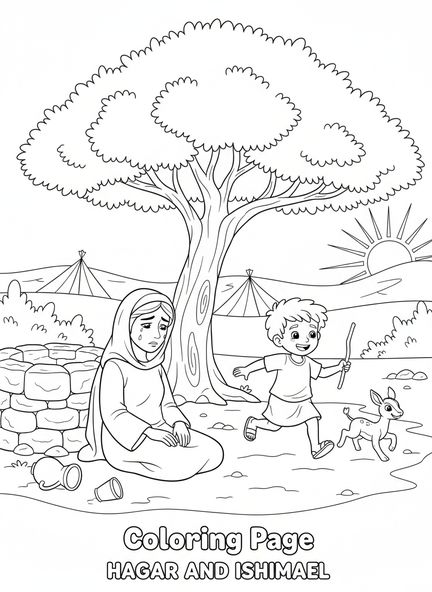 Agar assise près d'un puits, page à colorier Agar Ismaël pour les enfants de 5 à 10 ans.