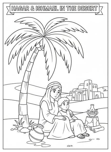 Hagar und Ismael unter einer Palme, Hagar Ismael Ausmalbild für Sonntagsschulkinder im Alter von 5-12 Jahren.