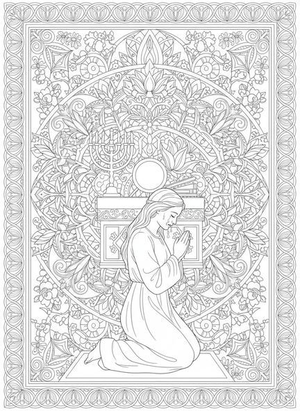 Ana orando, página para colorear de la oración de Ana en el Templo para adultos en estilo de diario bíblico