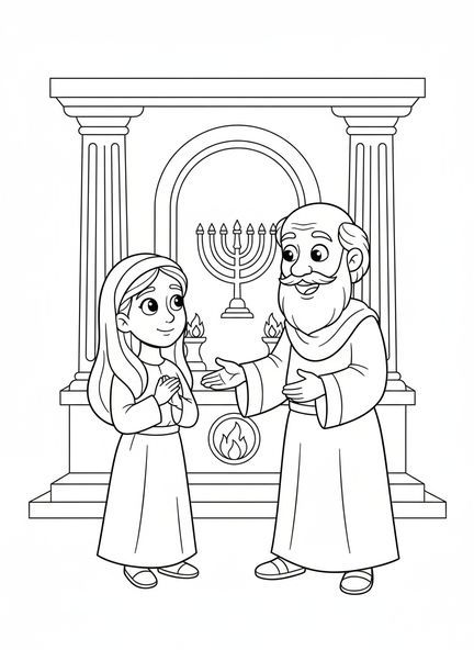 Le prêtre Éli bénissant Anne, page à colorier de la prière d'Anne pour les enfants de 5 à 10 ans.