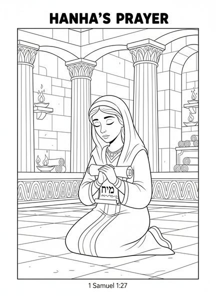 Hannah à genoux en prière, page à colorier de la prière de Hannah pour les enfants de l'École du dimanche âgés de 5 à 12 ans.