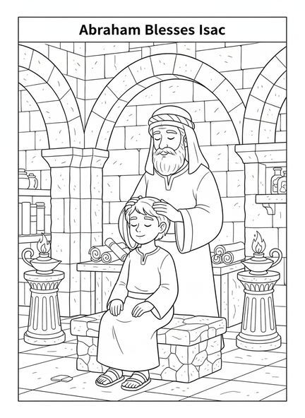 Isaque recebendo uma bênção, página de colorir sobre a bênção de Isaac para crianças da Escola Dominical de 5 a 12 anos.