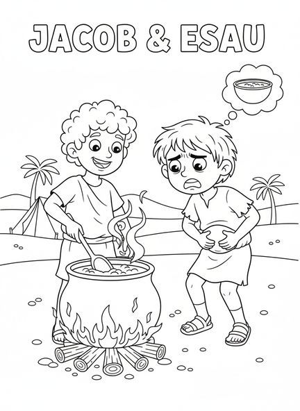 Jacob cocinando un guiso, página para colorear de Jacob y Esaú y el derecho de nacimiento de Esaú para niños de 5 a 10 años.