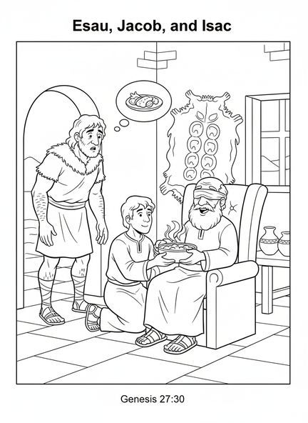 Esaú parecendo cansado e surpreso, página para colorir sobre a bênção de Jacó e Esaú por Isaac para crianças de 5 a 10 anos.