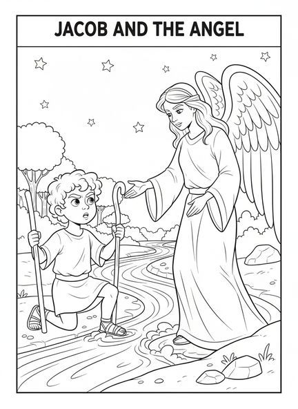 Jacob se encuentra con un ángel, página para colorear de Jacob y Esaú, Jacob lucha con el ángel para niños de 5 a 10 años.