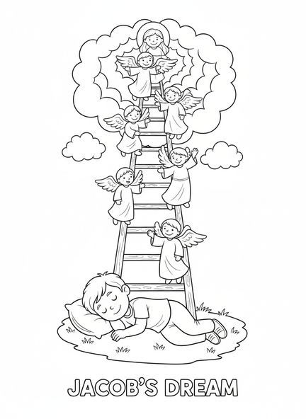 Jacob en train de rêver, page à colorier de Jacob et Ésaü, l'échelle de Jacob pour les enfants de 5 à 10 ans.