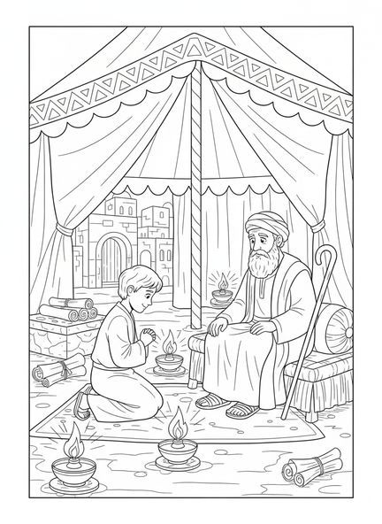Jacob recevant la bénédiction, page à colorier Jacob et Ésaü pour les enfants de l'École du dimanche âgés de 5 à 12 ans.