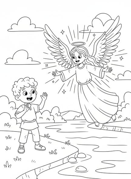 Jakob trifft den Engel, Ausmalbild von Jakob, der mit dem Engel ringt, für Kinder im Alter von 5-10 Jahren.