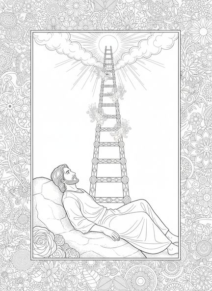 Jacob soñando, página para colorear de la escalera de Jacob estilo diario bíblico para adultos