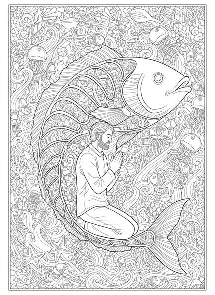 Jonas priant dans le ventre du poisson, page à colorier Jonas et la baleine, style journal biblique pour adultes