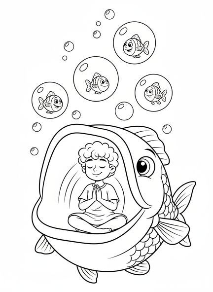 Jonas priant à l'intérieur du gros poisson, page à colorier Jonas et la baleine pour les enfants de 5 à 10 ans