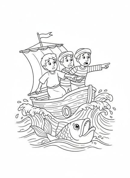Jonás subiendo a un barco, Jonás y la ballena, página para colorear de Jonás predicando en Nínive para niños de 5 a 10 años.
