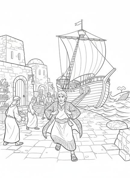 Jonás corriendo hacia un barco, página para colorear de Jonás y la ballena, Jonás predicando en Nínive para niños de Escuela Dominical de 5 a 12 años.