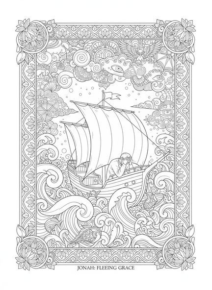 Jona auf einem Schiff, Jona und der Wal, Jona flieht vor Gott Ausmalbild für Erwachsene im Bibel-Journaling-Stil