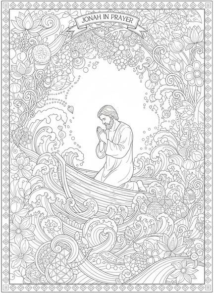 Jonas priant sur le navire, page à colorier Jonas et la baleine, Jonas avalé par le poisson pour adultes dans un style de journal biblique