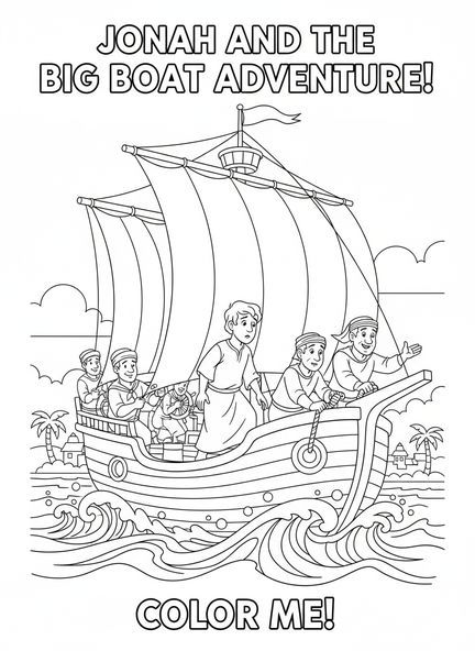 Jonas montant à bord du navire, page à colorier Jonas et la baleine, Jonas avalé par le poisson pour les enfants de 5 à 10 ans.