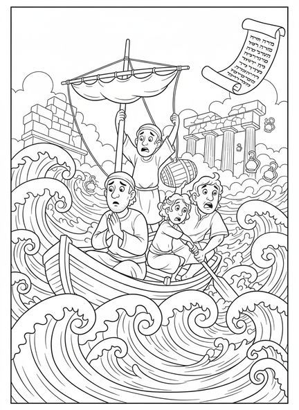 Jonas sur le bateau, Jonas et la baleine, page à colorier Jonas avalé par le poisson pour les enfants de l'École du dimanche âgés de 5 à 12 ans.