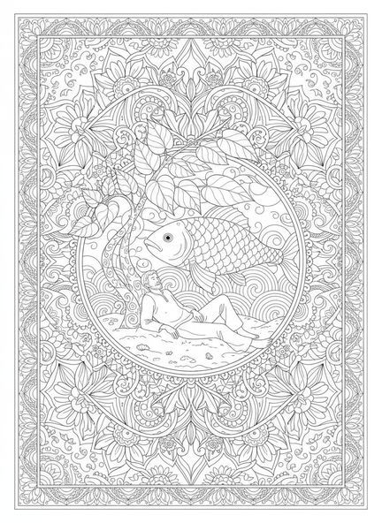 Jonas se reposant sous une grande plante feuillue, page à colorier Jonas et la baleine, style journal biblique pour adultes.