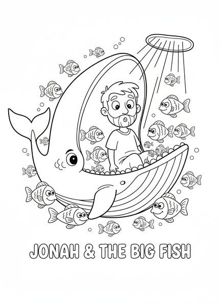 Jonás sorprendido, Jonás y la ballena, página para colorear de Jonás bajo la planta para niños de 5 a 10 años.