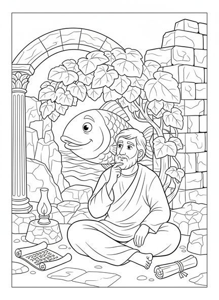 Jonas assis sous une plante feuillue, page à colorier Jonas et la Baleine pour les enfants de l'École du dimanche âgés de 5 à 12 ans.