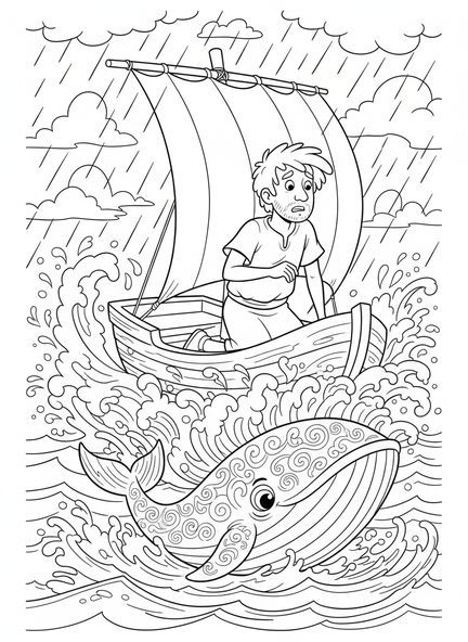 Jonás luciendo preocupado, página para colorear de Jonás y la ballena en la tormenta en el barco para niños de 5 a 10 años