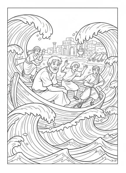 Jonas inquiet, page à colorier Jonas et la baleine tempête sur le bateau pour les enfants de l'École du dimanche âgés de 5 à 12 ans.