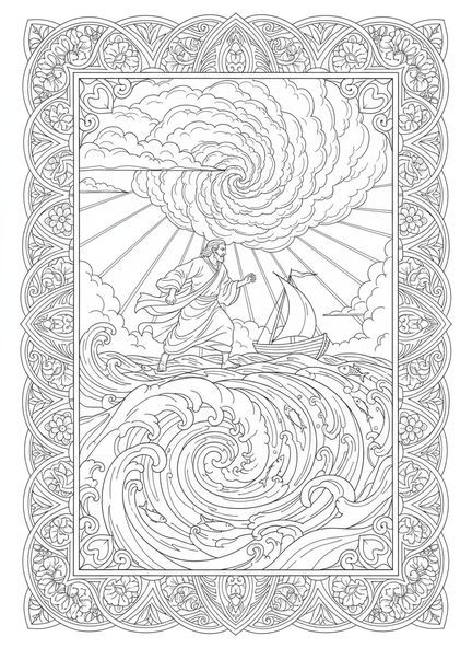 Jonas fuyant vers un bateau, page à colorier Jonas et la baleine pour adultes dans un style de journal biblique.