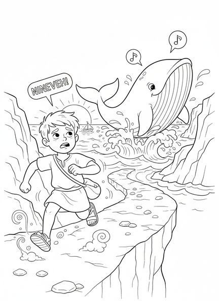 Dessin animé de Jonas fuyant, page à colorier Jonas et la baleine pour les enfants de 5 à 10 ans.