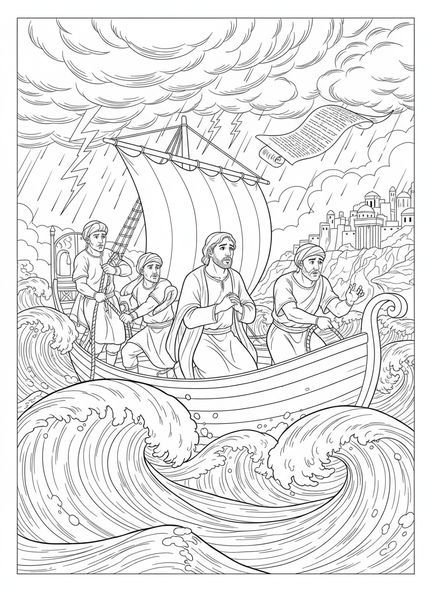 Jonas inquiet sur un bateau, page à colorier Jonas et la baleine pour les enfants de l'École du dimanche âgés de 5 à 12 ans.