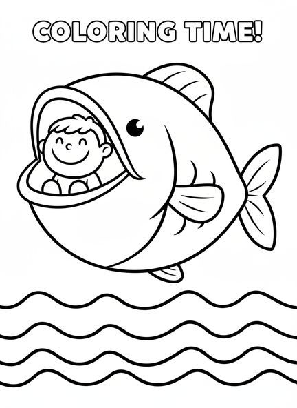 Jona im Bauch eines großen Fisches, Jona Fisch Malvorlage für Vorschulkinder im Alter von 3-5 Jahren