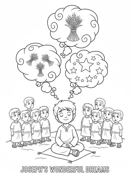 Joseph rêvant avec du blé et des étoiles, page à colorier Joseph et ses frères pour les enfants de 5 à 10 ans.