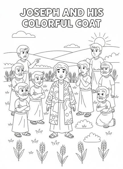 Joseph dans un manteau coloré, page à colorier Joseph et son manteau de plusieurs couleurs pour les enfants de 5 à 10 ans.