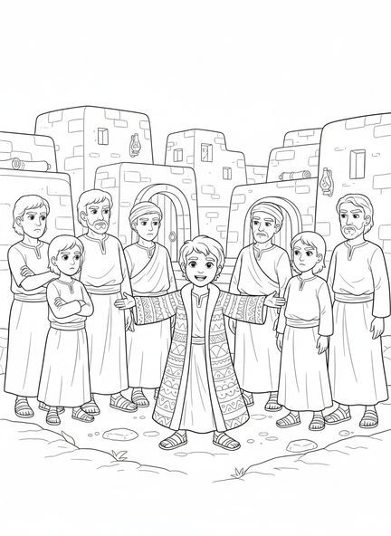 Los hermanos de José mostrando envidia, página para colorear del abrigo de muchos colores de José para niños de Escuela Dominical de 5 a 12 años