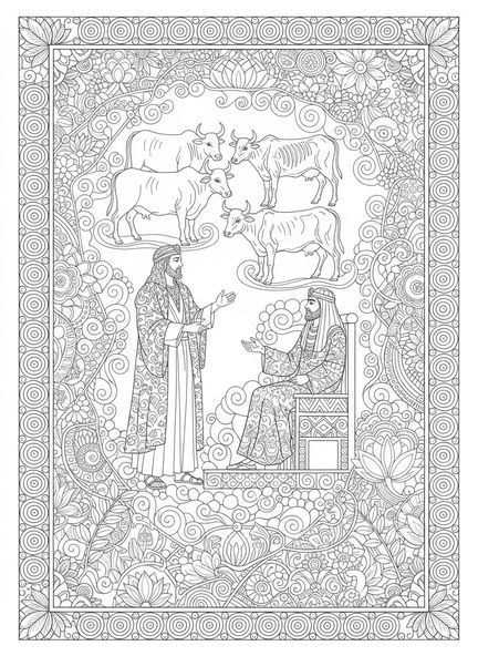 Joseph interprétant les rêves du Pharaon, page à colorier Joseph interprétant les rêves du Pharaon pour adultes dans un style de journal biblique