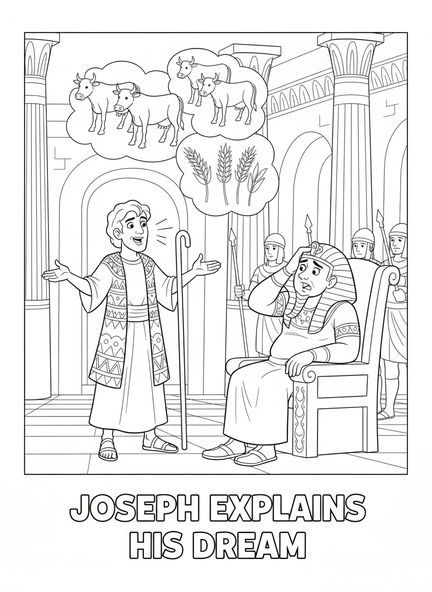 Joseph parlant à Pharaon, page à colorier Joseph interprétant le rêve de Pharaon pour les enfants de 5 à 10 ans.